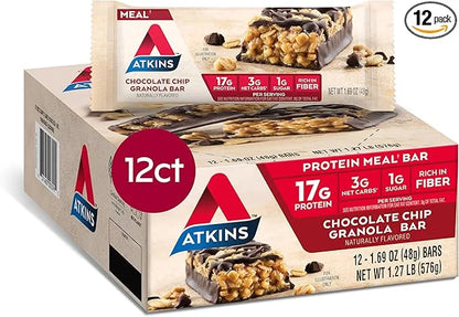 Atkins Chocolate Chip Granola Protein Meal Bar, High Fiber, 17g Protein, 1g Sugar, 3g Net Carbs, Meal Replacement, Keto Fr...