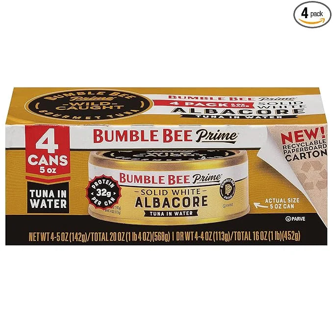 Bumble Bee Prime Solid White Albacore Tuna in Water, 5 oz Cans (Pack of 4) - Premium Wild Caught Tuna - 32g Protein per Se...