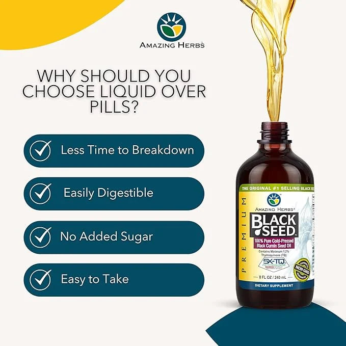 Amazing Herbs Premium Black Seed Oil - Gluten Free, Non GMO, Cold Pressed Nigella Sativa Aids in Digestive Health, Immune ...