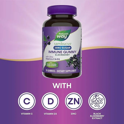 Nature’s Way Sambucus Zero Sugar Immune D3, Zinc, 70 Gummies