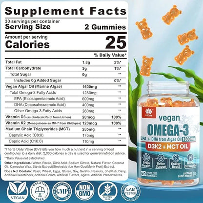 Vegan Omega3 Gummies 1280mg + Vitamin D3 K2, Sugar Free Omega 3 Fish Oil Alternative w/EPA 600mg & DHA 400mg & MCT Oil, No...