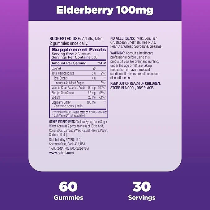 Natrol Elderberry 100mg Gummies for Immune 60 Berry-Flavored 30 Day
