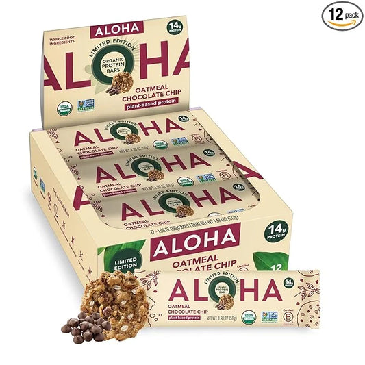 ALOHA Organic Plant Based Protein Bars - Oatmeal Chocolate Chip - 12 Count, 1.9oz Bars - Vegan Snacks, Low Sugar, Gluten-F...