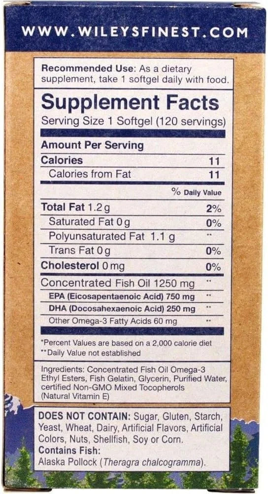 Wiley's Finest Wild Alaskan Fish Oil 1000mg Omega-3s, Omega-3s, SQF-Certified 120 Softgels (120 Servings)