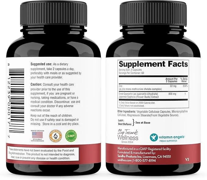 Sandhu’s Zinc Quercetin 120 Vegetarian Capsules – Zinc Supplements for Antioxidant Immune Support Zinc for Men and Women –...