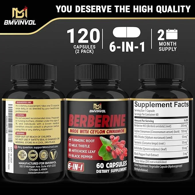 (2 Packs) Berberine Supplement Plus Ceylon Cinnamon, Turmeric, Artichoke, Milk Thistle, Black Pepper - 120 Capsules - 4 Mo...