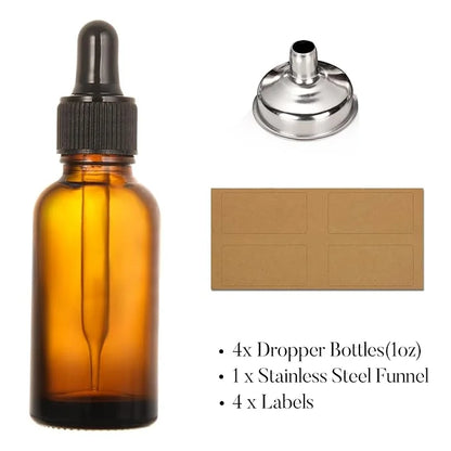 AOZITA Set of 4, 1 oz Eye Dropper Bottles with 1 Stainless Steel Funnels & 4 Labels - 30ml Thick Dark Amber Glass Tincture...