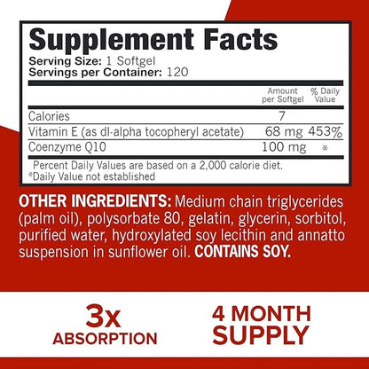 Qunol CoQ10 100mg Softgels, Ultra CoQ10 100mg, 3x 3x Better Q10 Vitamins 4 Month 120 Count