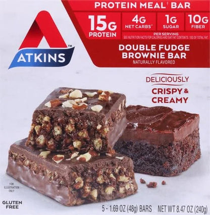 Atkins Double Fudge Brownie Protein Meal Bar, High Fiber, 15g Protein, 1g Sugar, 4g Net Carb, Meal Replacement, Keto Frien...