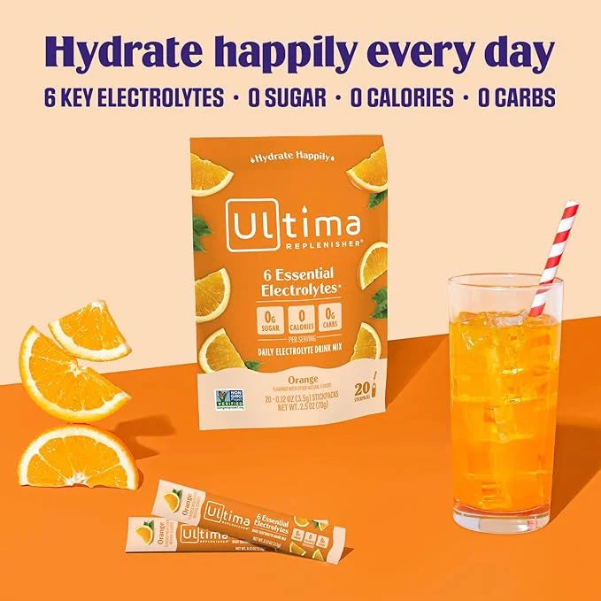 Ultima Replenisher Daily Electrolyte Powder Drink Mix – Orange, 20 Stickpacks – Hydration Packets with 6 Key Electrolytes ...