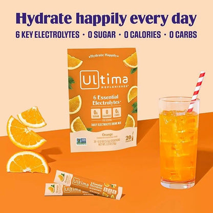 Ultima Replenisher Daily Electrolyte Powder Drink Mix – Orange, 20 Stickpacks – Hydration Packets with 6 Key Electrolytes ...