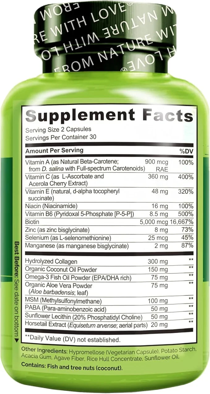 NATURELO Hair, Skin and Nails Vitamins 5000 mcg 60 Capsules