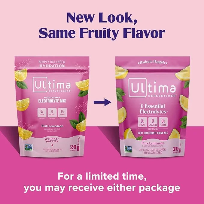 Ultima Replenisher Daily Electrolyte Powder Drink Mix – Pink Lemonade, 20 Stickpacks – Hydration Packets with 6 Electrolyt...
