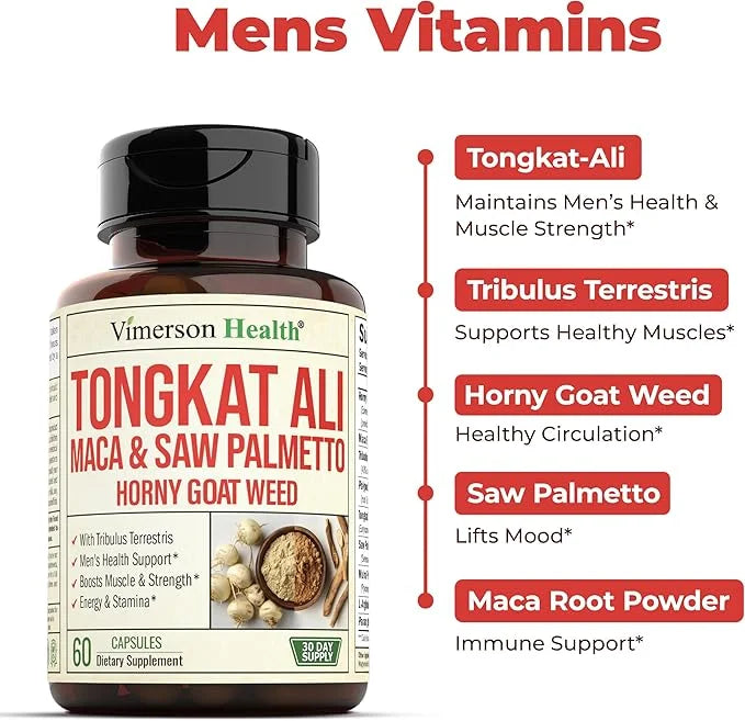 Tongkat Ali for Men - Healthy Testosterone Support. Balanced Energy Supplements for Men with Horny Goat Weed, Maca Root Po...