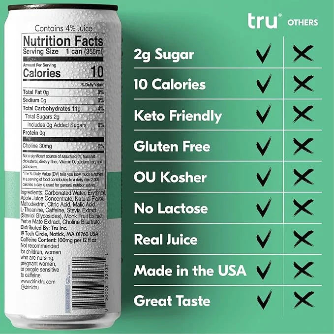 Tru Focus Seltzer, Adaptogen Nootropic Drink with Yerba Mate, Apple Flavor, Sparkling Water, 100mg Natural Caffeine, Koshe...
