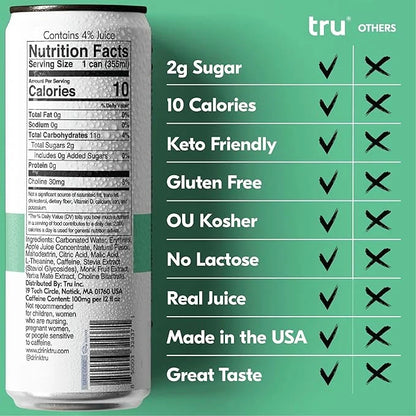 Tru Focus Seltzer, Adaptogen Nootropic Drink with Yerba Mate, Apple Flavor, Sparkling Water, 100mg Natural Caffeine, Koshe...