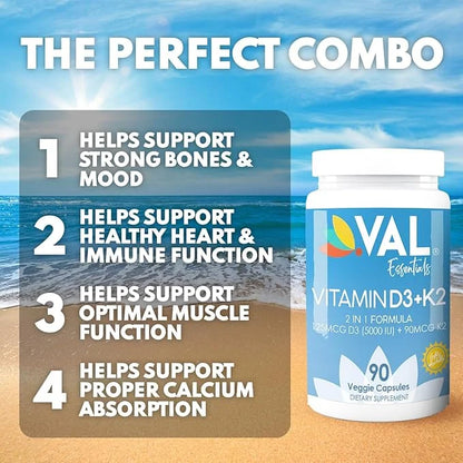 VAL Essentials Vitamin K2 + D3 Supplement 5000 IU D3 & 90 mcg K2 MK-7, MK-7, Non-GMO, 90 Vegetarian