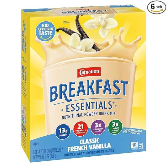 Carnation Breakfast Essentials Powder Drink Mix, Classic French Vanilla, 10 Count Box of 1.26 Ounce Packets (Pack of 6) - ...