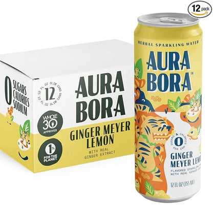 Aura Bora, Ginger Meyer Lemon Herbal Sparkling Water, 12 oz Can (Pack of 12), 0 Calories, 0 Sugar, 0 Sodium, Non-GMO - Pro...