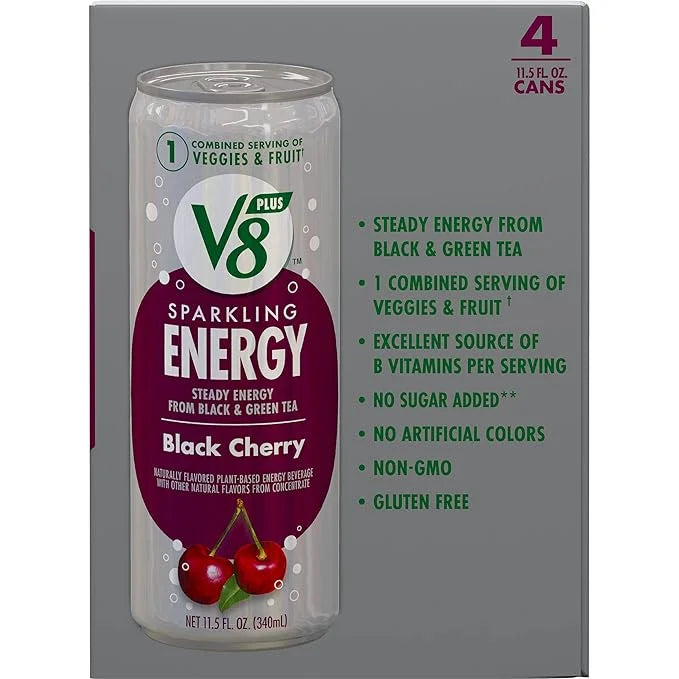 V8 +SPARKLING ENERGY Black Cherry Energy Drink, Made with Real Vegetable and Fruit Juices, 11.5 FL OZ Can 4 Count (Pack of...