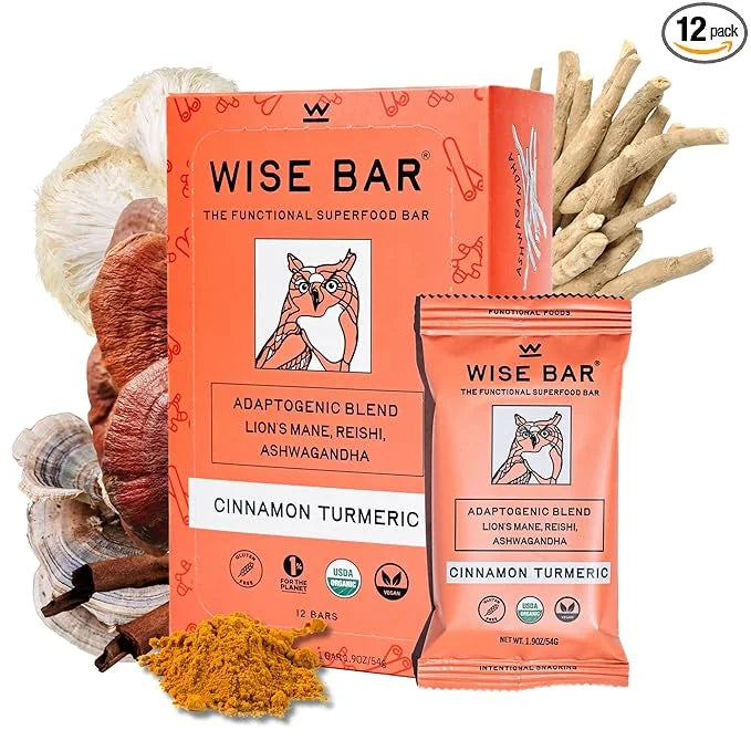WISE BAR Adaptogen Mushroom Nutrition Bars with Reishi, Lions Mane & Ashwagandha, Organic Vegan & Gluten Free Snacks for N...