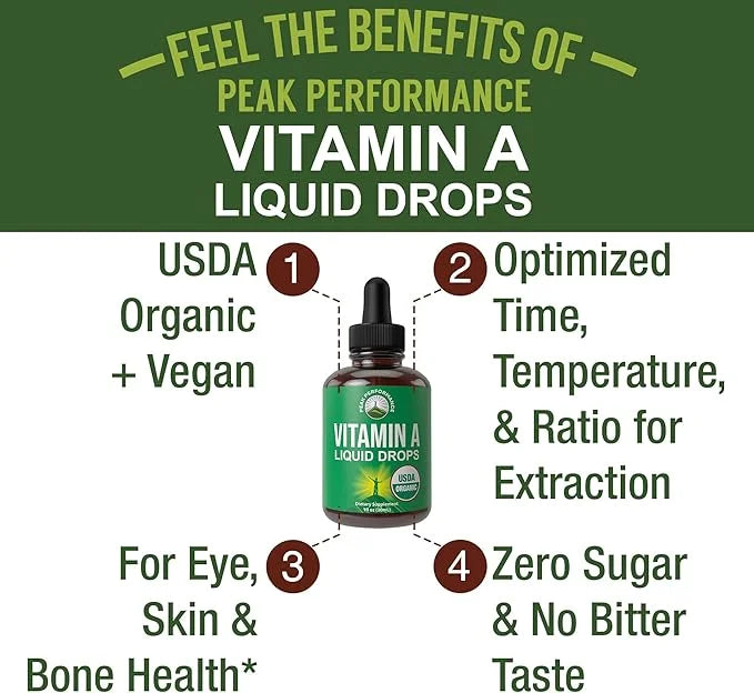 USDA Organic Vitamin A Liquid Drops Supplement. Vegan High Bioavailability For Eye, Skin, and Bone Health. For Adults, Men...