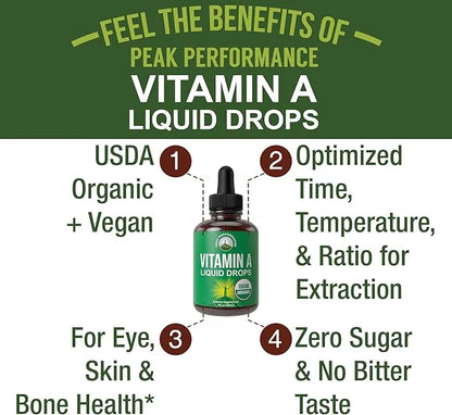 USDA Organic Vitamin A Liquid Drops Supplement. Vegan High Bioavailability For Eye, Skin, and Bone Health. For Adults, Men...