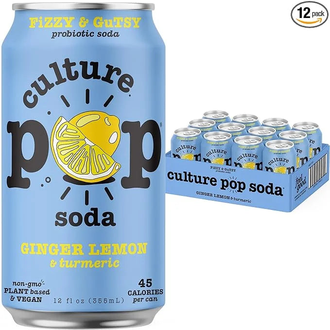 Culture Pop Soda, Ginger Lemon & Turmeric, Probiotic Low Sugar Soda, Sparkling Juice Alternative, Non-GMO, Kosher, Gluten-...