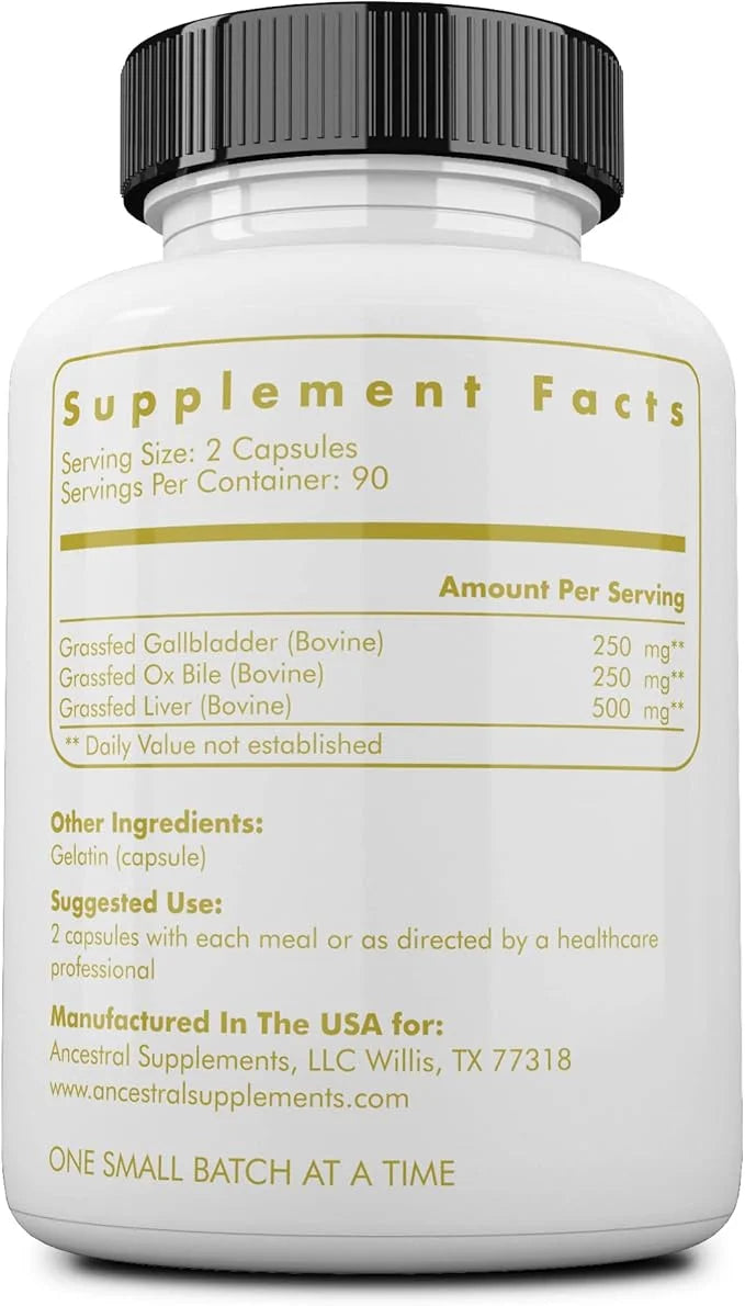 Ancestral Supplements Grass Fed Beef Gallbladder Supplements with Ox Bile and Liver, 1000mg, Liver and Gallbladder Support...