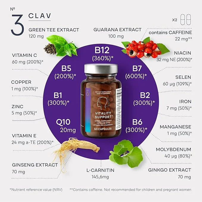 CLAV® N°3 Vitality Support - Vegan Multivitamin - Energy & Focus Supplement - Vitamin B Complex - Guarana, Ginseng, Ginkgo...