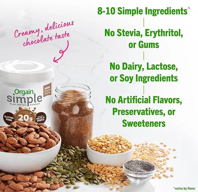 Orgain Organic Simple Vegan Protein Powder, Chocolate - 20g Plant Based Protein, Made with less Ingredients, No Artificial...