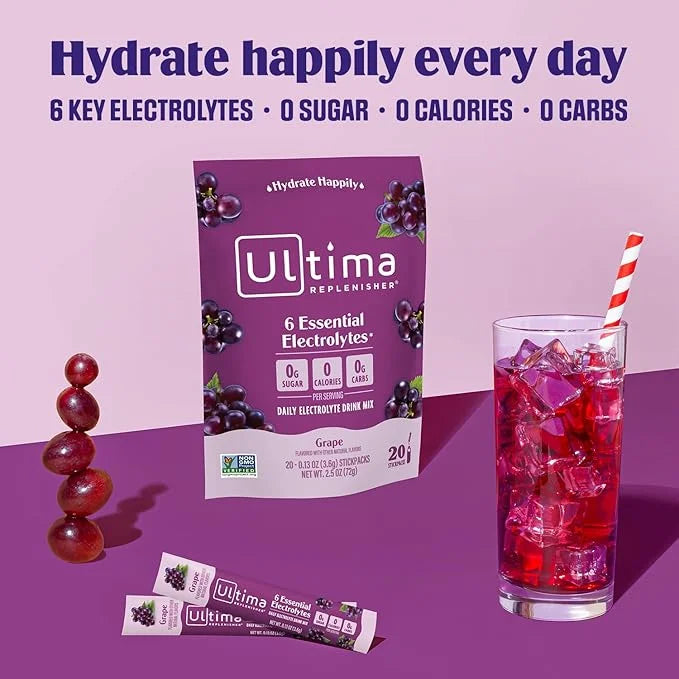 Ultima Replenisher Daily Electrolyte Powder Drink Mix – Grape, 20 Stickpacks – Hydration Packets with 6 Key Electrolytes a...