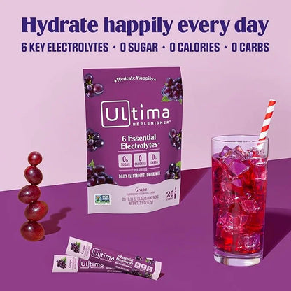Ultima Replenisher Daily Electrolyte Powder Drink Mix – Grape, 20 Stickpacks – Hydration Packets with 6 Key Electrolytes a...