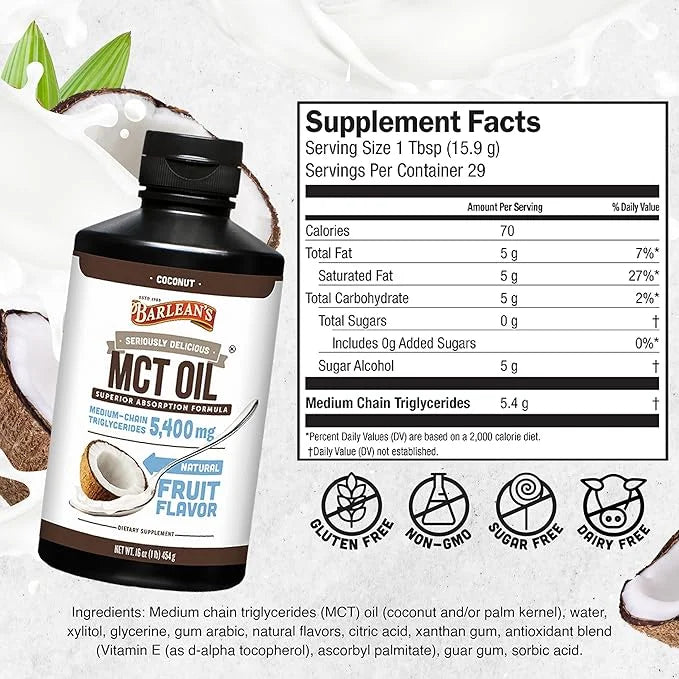 Barlean's MCT Oil Supplement, Coconut Flavored for Keto Coffee, Emulsified Creamy Liquid Syrup with 5,400mg Plant-Based MC...