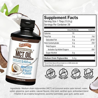 Barlean's MCT Oil Supplement, Coconut Flavored for Keto Coffee, Emulsified Creamy Liquid Syrup with 5,400mg Plant-Based MC...