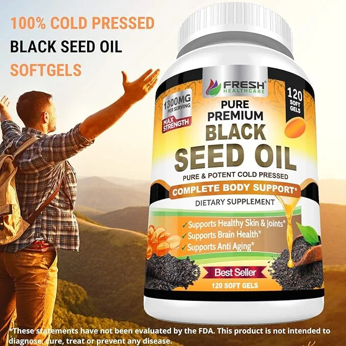 FRESH HEALTHCARE Black Seed Oil Capsules Cold Pressed 1300mg - 100% Pure Non-GMO Nigella Sativa - Immune & Joint Support -...