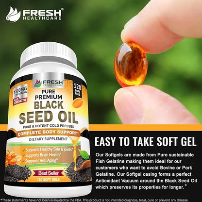 FRESH HEALTHCARE Black Seed Oil Capsules Cold Pressed 1300mg - 100% Pure Non-GMO Nigella Sativa - Immune & Joint Support -...