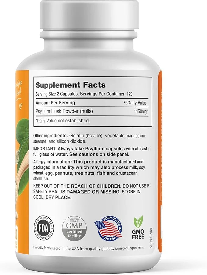 BodyLive Psyllium Husk Fiber Capsule Non-GMO 725mg, 240 240 Capsules (1450mg/serving, 120 120 Servings)