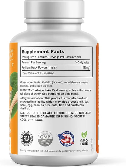 BodyLive Psyllium Husk Fiber Capsule Non-GMO 725mg, 240 240 Capsules (1450mg/serving, 120 120 Servings)