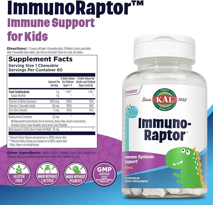 KAL ImmunoRaptor Kids Immune Support Chewables, Vitamin C and Zinc for Healthy Cell Function, Dinosaur Shaped, Orange Flav...