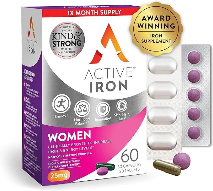 Active Iron Supplement for Women, Non-Constipating, 30 Active Iron Ferrous Sulphate Capsules with 30 Women's Multivitamin ...