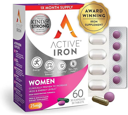 Active Iron Supplement for Women, Non-Constipating, 30 Active Iron Ferrous Sulphate Capsules with 30 Women's Multivitamin ...