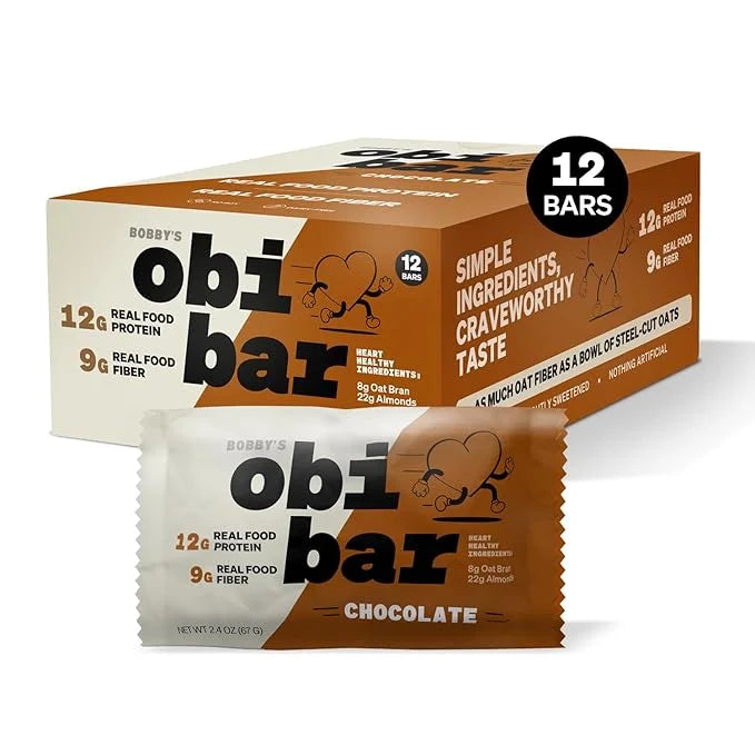 Obi Bar Chocolate - Protein and Oat Fiber Bar | All Natural | Subtle and Lightly Sweet Taste | Meal Bar | Heart and Gut He...