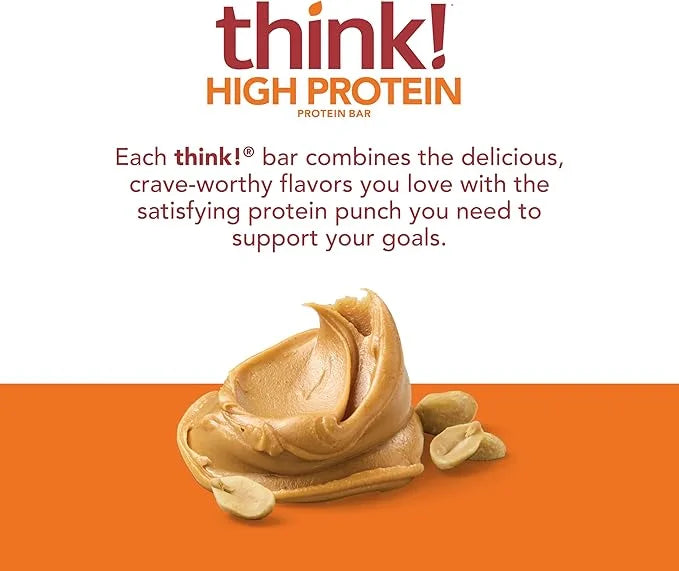 think! Protein Bars, High Protein Snacks, Gluten Free, Kosher Friendly, Creamy Peanut Butter, Nutrition Bars, 2.1 Oz per B...