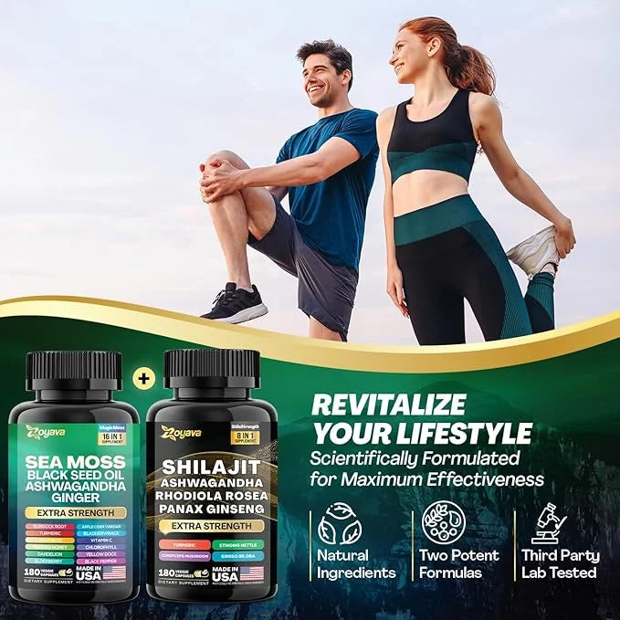 Zoyava Dynamic Vitality Bundle, Sea Moss 7000mg, Black 4000mg, Ashwagandha 2000mg, Ginger 9000mg, Rhodiola 1000mg, Panax (...