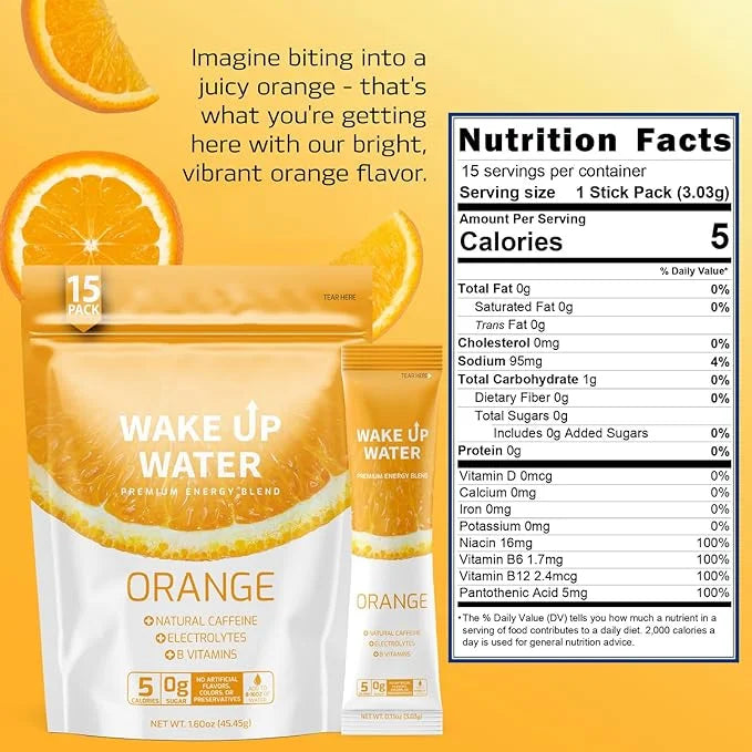 Wake Up Water - Energy + Hydration Sugar Free 15 Packs, Orange Flavor - Energy Drink Powder, Electrolytes Powder Drink, Na...
