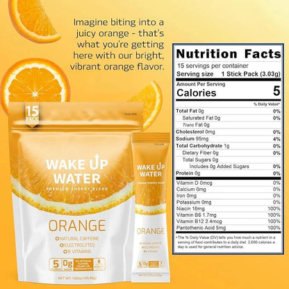 Wake Up Water - Energy + Hydration Sugar Free 15 Packs, Orange Flavor - Energy Drink Powder, Electrolytes Powder Drink, Na...