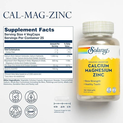 SOLARAY Calcium Magnesium Zinc Supplement 1000mg, Magnesium 500mg - 60 Day 25 Servings, 100 VegCaps