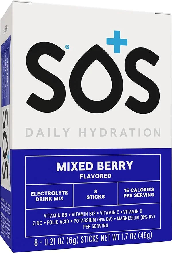 SOS Hydration Electrolyte Powder Packets, Mixed Berry Flavor, 8 Stick Packs – Low-Calorie, Rapid Rehydration, Made in USA,...