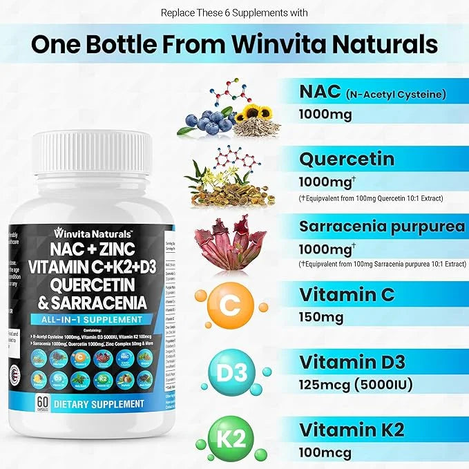 NAC Supplement N-Acetyl Cysteine 1000mg Vitamin D3 K2, K2, Zinc, 1000mg Quercetin 1000mg with